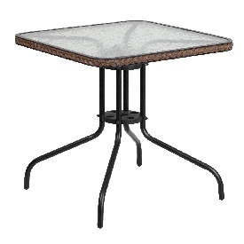 28'' Square Tempered Glass Metal Table with Dark Brown Rattan Edging, TLH-073R-DK-BN-GG