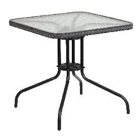 28'' Square Tempered Glass Metal Table with Gray Rattan Edging, TLH-073R-GY-GG