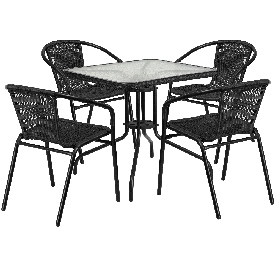 28'' Square Glass Metal Table with Black Rattan Edging and 4 Black Rattan Stack Chairs, TLH-073SQ-037BK4-GG 28'' Square Glass Metal Table with Black Rattan Edging and 4 Black Rattan Stack Chairs, TLH-073SQ-037BK4-GG