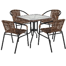 28'' Square Glass Metal Table with Dark Brown Rattan Edging and 4 Dark Brown Rattan Stack Chairs, TLH-073SQ-037BN4-GG 28'' Square Glass Metal Table with Dark Brown Rattan Edging and 4 Dark Brown Rattan Stack Chairs, TLH-073SQ-037BN4-GG