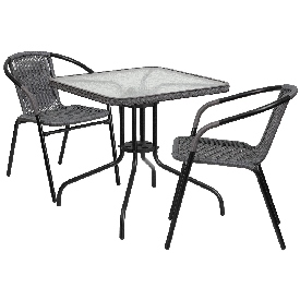28'' Square Glass Metal Table with Gray Rattan Edging and 2 Gray Rattan Stack Chairs, TLH-073SQ-037GY2-GG 28'' Square Glass Metal Table with Gray Rattan Edging and 2 Gray Rattan Stack Chairs, TLH-073SQ-037GY2-GG