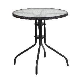 28'' Round Tempered Glass Metal Table with Black Rattan Edging, TLH-087-BK-GG