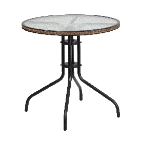 28'' Round Tempered Glass Metal Table with Dark Brown Rattan Edging, TLH-087-DK-BN-GG