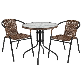 28'' Round Glass Metal Table with Dark Brown Rattan Edging and 2 Dark Brown Rattan Stack Chairs, TLH-087RD-037BN2-GG 28'' Round Glass Metal Table with Dark Brown Rattan Edging and 2 Dark Brown Rattan Stack Chairs, TLH-087RD-037BN2-GG