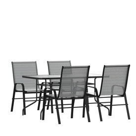 Brazos 5 Piece Outdoor Patio Dining Set - 55" Tempered Glass Patio Table with Umbrella Hole, 4 Gray Flex Comfort Stack Chairs, TLH-089REC-303CGY4-GG Brazos 5 Piece Outdoor Patio Dining Set - 55" Tempered Glass Patio Table with Umbrella Hole, 4 Gray Flex Comfort Stack Chairs, TLH-089REC-303CGY4-GG
