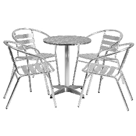 23.5'' Round Aluminum Indoor-Outdoor Table Set with 4 Slat Back Chairs, TLH-ALUM-24RD-017BCHR4-GG