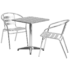 23.5'' Square Aluminum Indoor-Outdoor Table Set with 2 Slat Back Chairs, TLH-ALUM-24SQ-017BCHR2-GG
