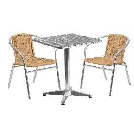 23.5'' Square Aluminum Indoor-Outdoor Table Set with 2 Beige Rattan Chairs, TLH-ALUM-24SQ-020BGECHR2-GG