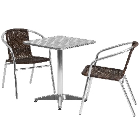 23.5'' Square Aluminum Indoor-Outdoor Table Set with 2 Dark Brown Rattan Chairs, TLH-ALUM-24SQ-020CHR2-GG