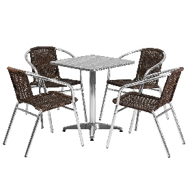 23.5'' Square Aluminum Indoor-Outdoor Table Set with 4 Dark Brown Rattan Chairs, TLH-ALUM-24SQ-020CHR4-GG