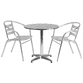 27.5'' Round Aluminum Indoor-Outdoor Table Set with 2 Slat Back Chairs, TLH-ALUM-28RD-017BCHR2-GG
