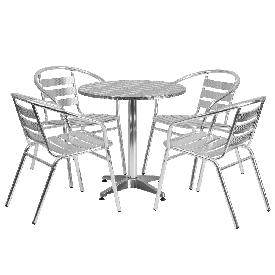 27.5'' Round Aluminum Indoor-Outdoor Table Set with 4 Slat Back Chairs, TLH-ALUM-28RD-017BCHR4-GG