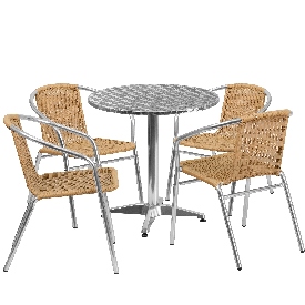 27.5'' Round Aluminum Indoor-Outdoor Table Set with 4 Beige Rattan Chairs, TLH-ALUM-28RD-020BGECHR4-GG