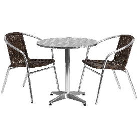 27.5'' Round Aluminum Indoor-Outdoor Table Set with 2 Dark Brown Rattan Chairs, TLH-ALUM-28RD-020CHR2-GG