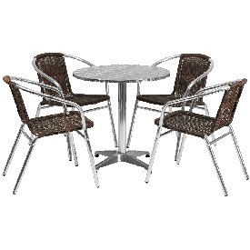 27.5'' Round Aluminum Indoor-Outdoor Table Set with 4 Dark Brown Rattan Chairs, TLH-ALUM-28RD-020CHR4-GG