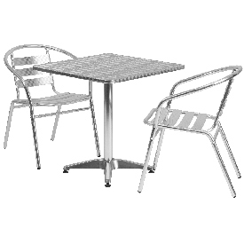 27.5'' Square Aluminum Indoor-Outdoor Table Set with 2 Slat Back Chairs, TLH-ALUM-28SQ-017BCHR2-GG