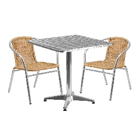 27.5'' Square Aluminum Indoor-Outdoor Table Set with 2 Beige Rattan Chairs, TLH-ALUM-28SQ-020BGECHR2-GG