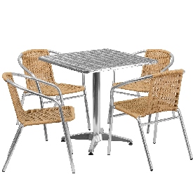 27.5'' Square Aluminum Indoor-Outdoor Table Set with 4 Beige Rattan Chairs, TLH-ALUM-28SQ-020BGECHR4-GG