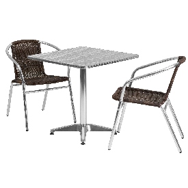 27.5'' Square Aluminum Indoor-Outdoor Table Set with 2 Dark Brown Rattan Chairs, TLH-ALUM-28SQ-020CHR2-GG
