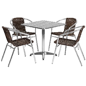 27.5'' Square Aluminum Indoor-Outdoor Table Set with 4 Dark Brown Rattan Chairs, TLH-ALUM-28SQ-020CHR4-GG