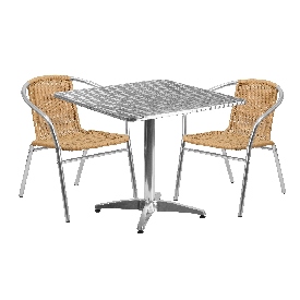 31.5'' Square Aluminum Indoor-Outdoor Table Set with 2 Beige Rattan Chairs, TLH-ALUM-32SQ-020BGECHR2-GG