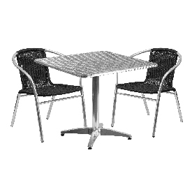 31.5'' Square Aluminum Indoor-Outdoor Table Set with 2 Black Rattan Chairs, TLH-ALUM-32SQ-020BKCHR2-GG