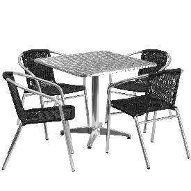 31.5'' Square Aluminum Indoor-Outdoor Table Set with 4 Black Rattan Chairs, TLH-ALUM-32SQ-020BKCHR4-GG