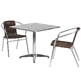 31.5'' Square Aluminum Indoor-Outdoor Table Set with 2 Dark Brown Rattan Chairs, TLH-ALUM-32SQ-020CHR2-GG