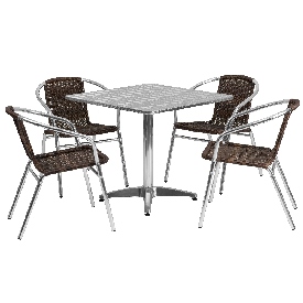 31.5'' Square Aluminum Indoor-Outdoor Table Set with 4 Dark Brown Rattan Chairs, TLH-ALUM-32SQ-020CHR4-GG