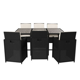 Peregrine 7 Piece Outdoor Patio Dining Set, Space Saving Black Wicker Modular Chairs-Cream Cushions & Gray Acacia Wood Table Top, TW-3WBE00-GY-GG Peregrine 7 Piece Outdoor Patio Dining Set, Space Saving Black Wicker Modular Chairs-Cream Cushions & Gray Acacia Wood Table Top, TW-3WBE00-GY-GG