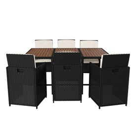 Peregrine 7 Piece Outdoor Patio Dining Set, Space Saving Black Wicker Modular Chairs-Cream Cushions & Natural Acacia Wood Table Top, TW-3WBE00-NAT-GG Peregrine 7 Piece Outdoor Patio Dining Set, Space Saving Black Wicker Modular Chairs-Cream Cushions & Natural Acacia Wood Table Top, TW-3WBE00-NAT-GG