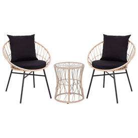 Devon 3-Piece Tan Indoor/Outdoor Bistro Set, Papasan Style Rattan Rope Chairs, Glass Top Side Table & Black Cushions, TW-VN017-18-TAN-BK-GG Devon 3-Piece Tan Indoor/Outdoor Bistro Set, Papasan Style Rattan Rope Chairs, Glass Top Side Table & Black Cushions, TW-VN017-18-TAN-BK-GG