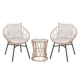 Devon 3-Piece Tan Indoor/Outdoor Bistro Set, Papasan Style Rattan Rope Chairs, Glass Top Side Table & Light Gray Cushions, TW-VN017-18-TAN-GG Devon 3-Piece Tan Indoor/Outdoor Bistro Set, Papasan Style Rattan Rope Chairs, Glass Top Side Table & Light Gray Cushions, TW-VN017-18-TAN-GG