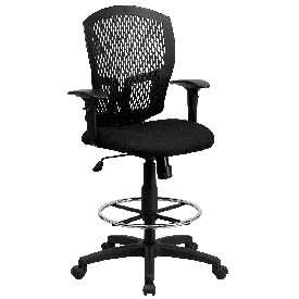 Mid-Back Designer Back Drafting Chair with Fabric Seat and Adjustable Arms, WL-3958SYG-BK-AD-GG