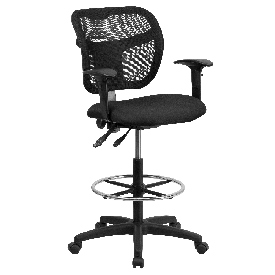 Mid-Back Black Mesh Drafting Chair with Back Height Adjustment and Adjustable Arms, WL-A7671SYG-BK-AD-GG