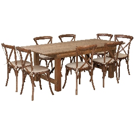 HERCULES Series 7' x 40'' Antique Rustic Folding Farm Table Set with 8 Cross Back Chairs and Cushions, XA-FARM-10-GG