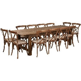 HERCULES Series 9' x 40'' Antique Rustic Folding Farm Table Set with 12 Cross Back Chairs and Cushions, XA-FARM-16-GG