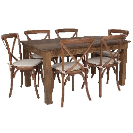 60" x 38" Antique Rustic Farm Table Set with 6 Cross Back Chairs and Cushions, XA-FARM-19-GG