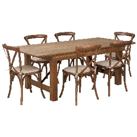 HERCULES Series 7' x 40'' Antique Rustic Folding Farm Table Set with 6 Cross Back Chairs and Cushions, XA-FARM-9-GG