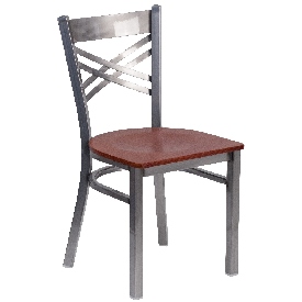 HERCULES Series Clear Coated ''X'' Back Metal Restaurant Chair - Cherry Wood Seat, XU-6FOB-CLR-CHYW-GG