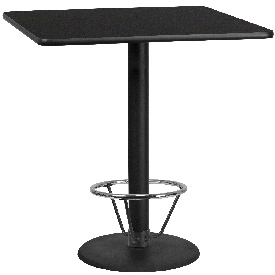 42'' Square Black Laminate Table Top with 24'' Round Bar Height Table Base and Foot Ring, XU-BLKTB-4242-TR24B-4CFR-GG
