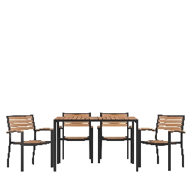 5 Piece Outdoor Dining Table Set - Synthetic Teak Poly Slats - 30" x 48" Steel Framed Table with Umbrella Hole - 4 Club Chairs, XU-DG-304860064-GG 5 Piece Outdoor Dining Table Set - Synthetic Teak Poly Slats - 30" x 48" Steel Framed Table with Umbrella Hole - 4 Club Chairs, XU-DG-304860064-GG