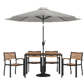 7 Piece Outdoor Patio Dining Table Set with 4 Synthetic Teak Stackable Chairs, 30" x 48" Table, Gray Umbrella & Base