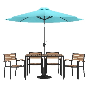7 Piece Outdoor Patio Dining Table Set with 4 Synthetic Teak Stackable Chairs, 30" x 48" Table, Teal Umbrella & Base