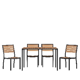 5 Piece Patio Table Set - Synthetic Teak Poly Slats - 30" x 48" Steel Framed Table with 4 Stackable Faux Teak Chairs