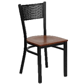 HERCULES Series Black Grid Back Metal Restaurant Chair - Cherry Wood Seat, XU-DG-60115-GRD-CHYW-GG