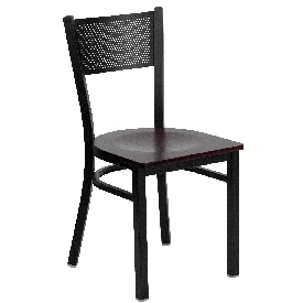 HERCULES Series Black Grid Back Metal Restaurant Chair - Mahogany Wood Seat, XU-DG-60115-GRD-MAHW-GG