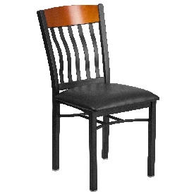 Eclipse Series Vertical Back Black Metal and Cherry Wood Restaurant Chair with Black Vinyl Seat, XU-DG-60618-CHY-BLKV-GG
