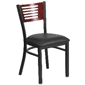 HERCULES Series Black Slat Back Metal Restaurant Chair - Mahogany Wood Back, Black Vinyl Seat, XU-DG-6G5B-MAH-BLKV-GG HERCULES Series Black Slat Back Metal Restaurant Chair - Mahogany Wood Back, Black Vinyl Seat, XU-DG-6G5B-MAH-BLKV-GG