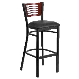 HERCULES Series Black Slat Back Metal Restaurant Barstool - Mahogany Wood Back, Black Vinyl Seat, XU-DG-6H1B-MAH-BAR-BLKV-GG HERCULES Series Black Slat Back Metal Restaurant Barstool - Mahogany Wood Back, Black Vinyl Seat, XU-DG-6H1B-MAH-BAR-BLKV-GG